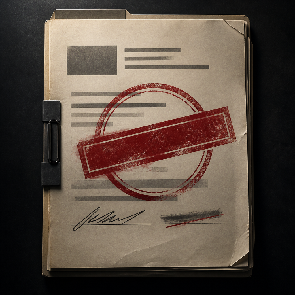 A case file with a red approval stamp, the app icon for Ella Vance: The Approved Lie