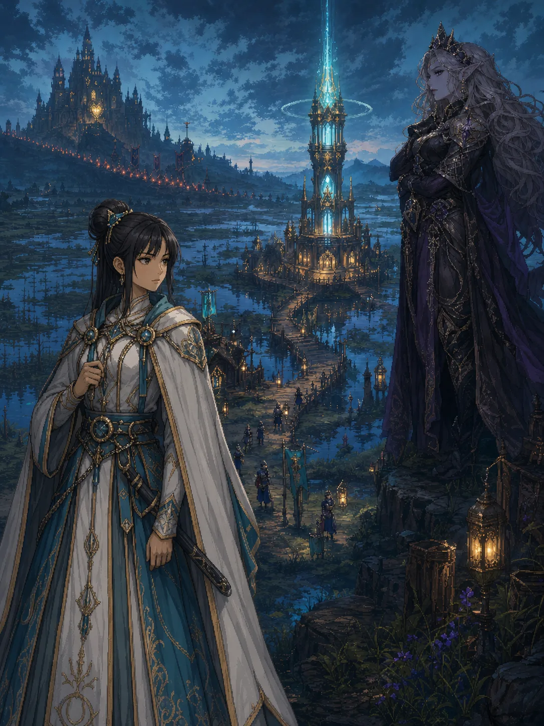 Two figures overlook a marsh settlement and a luminous relay tower