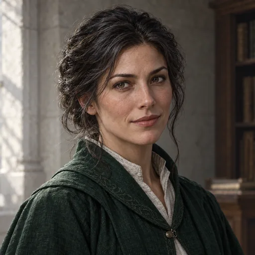 Concept portrait of Arcia Leverre, with an attentive expression and a green scholarly coat
