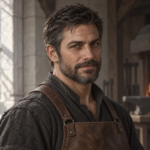 Concept portrait of Dorgan Brassa, with a steady expression and a worn smith's apron