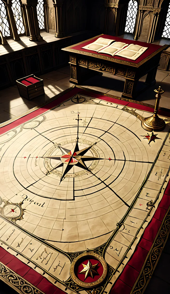An open ledger and a large star-marked map on a royal desk
