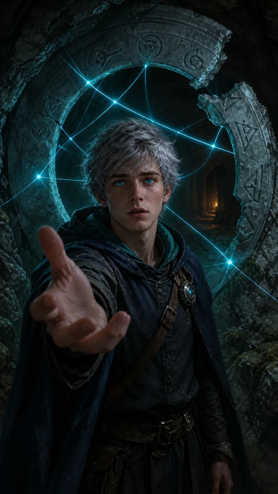 Cian reaches through a glowing ring of crest marks