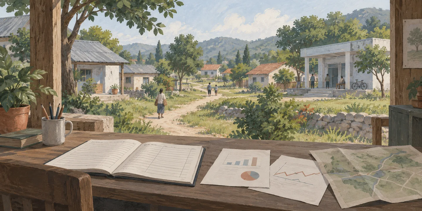 A ledger, charts, and a map on a desk overlook residents walking between homes and a public-service building