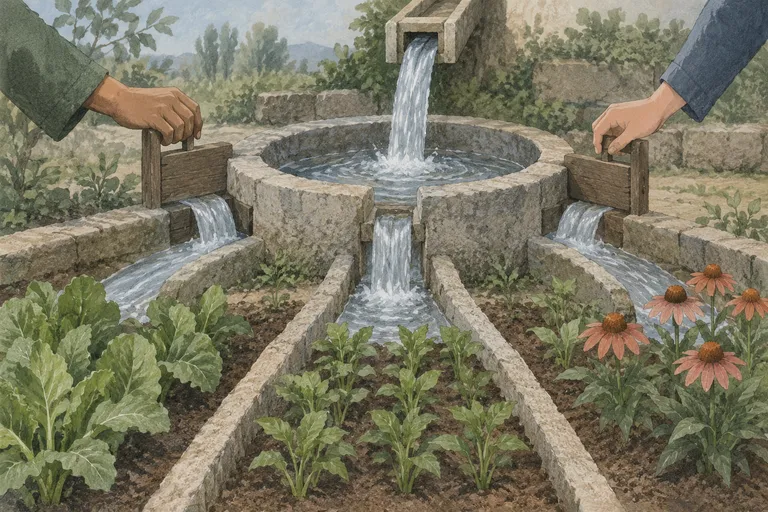 Water enters a shared cistern with channels leading to different planting beds