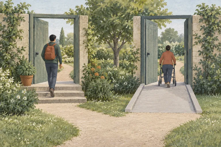 Open doors with a step and a ramp lead to paths through a garden