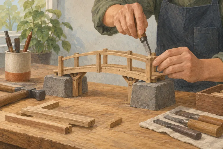 Hands align a small bridge model using spare timber and tools