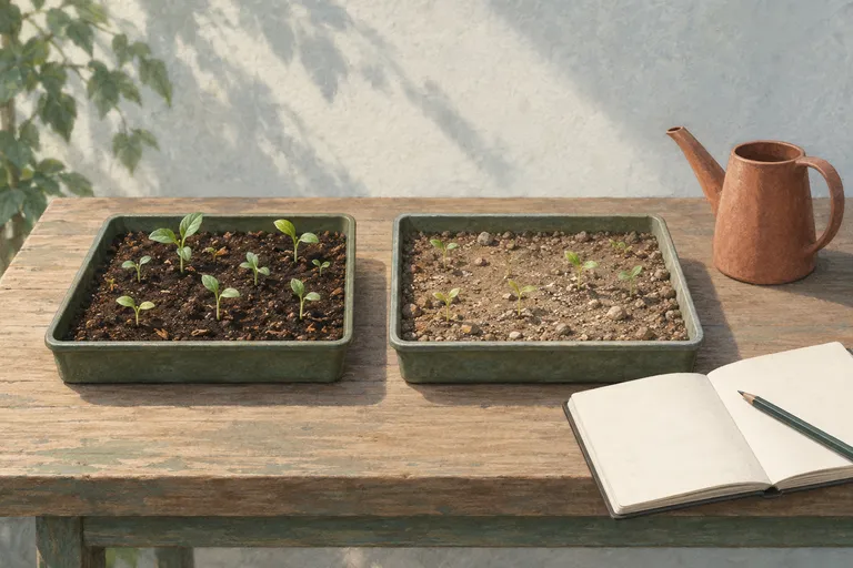 Two planting trays sit side by side with a notebook for considering their differences