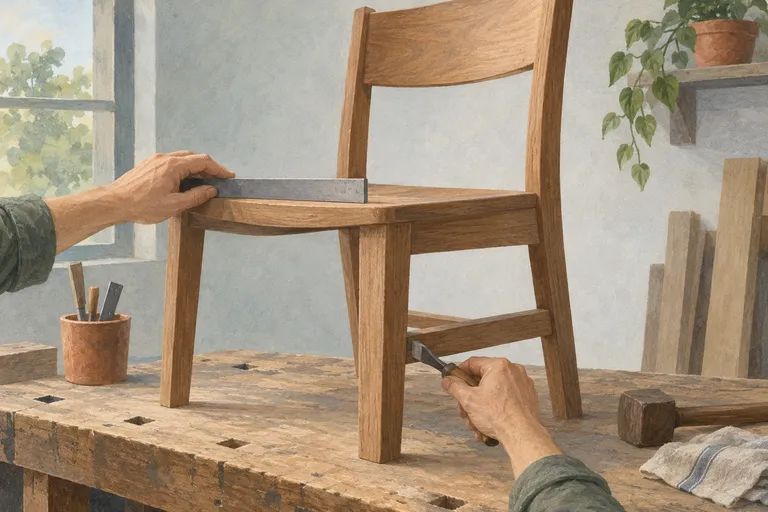 Hands check a chair's visible finish and repair its less visible supporting joint