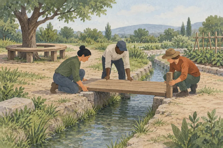 Residents cooperate on a small shared crossing beside a meeting bench