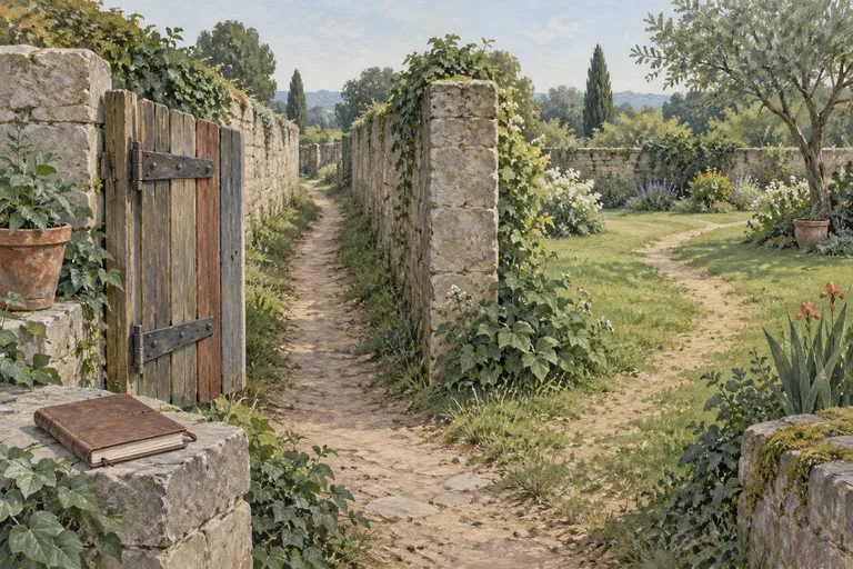 An established footpath and a less worn branching route pass old garden walls