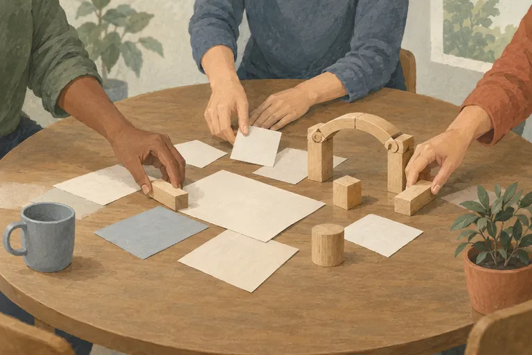 Several hands arrange blank planning pieces together around a round table