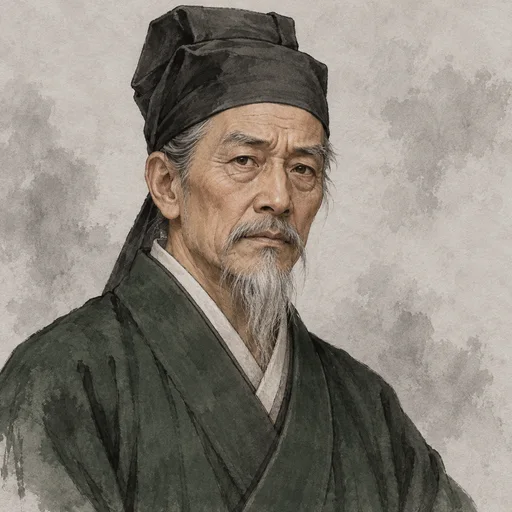 Imagined portrait of the elderly Chen Fan in a dark green robe and cloth cap