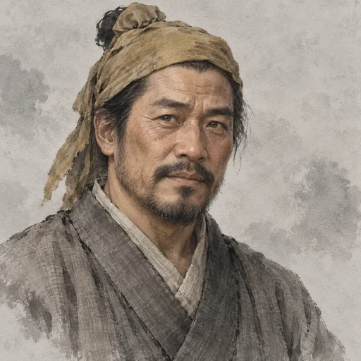 Imagined portrait of Gong Du in a worn grey robe and faded ochre headwrap